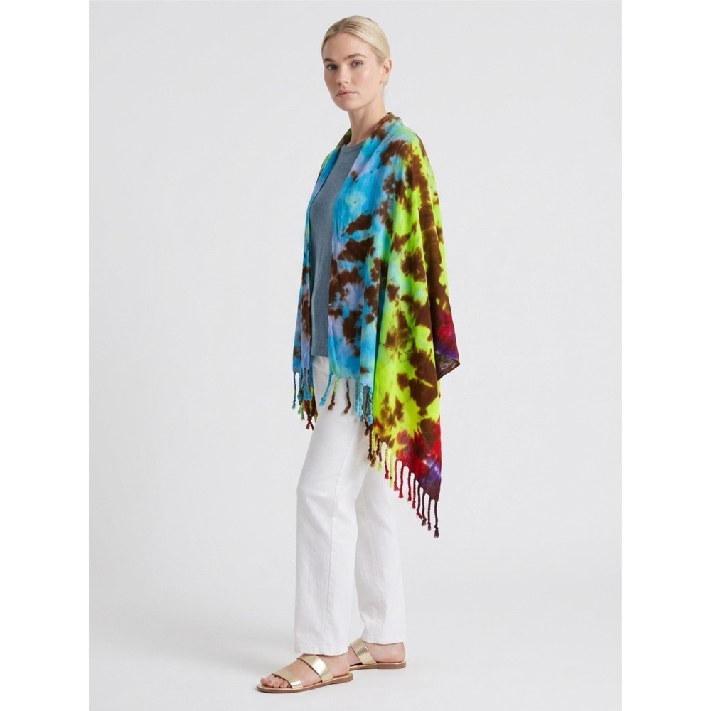 Boho Tie Dye Wrap Scarf Fringe‎ Trim Psychedelic Blue Green Multi Color Shawl